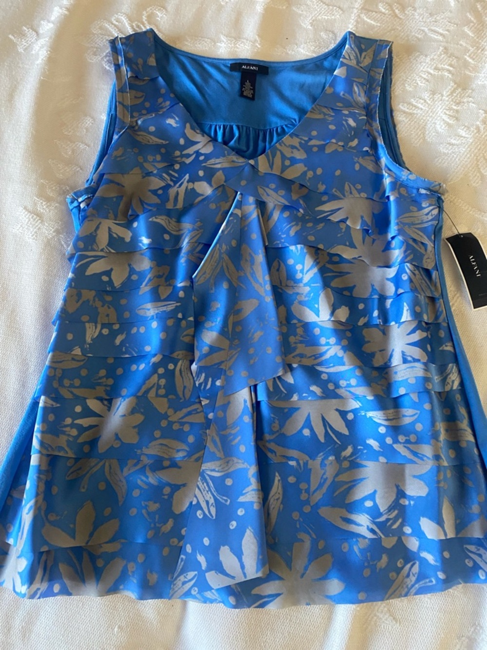 Alfani Blue and Silver Floral Tiered Sleeveless Top